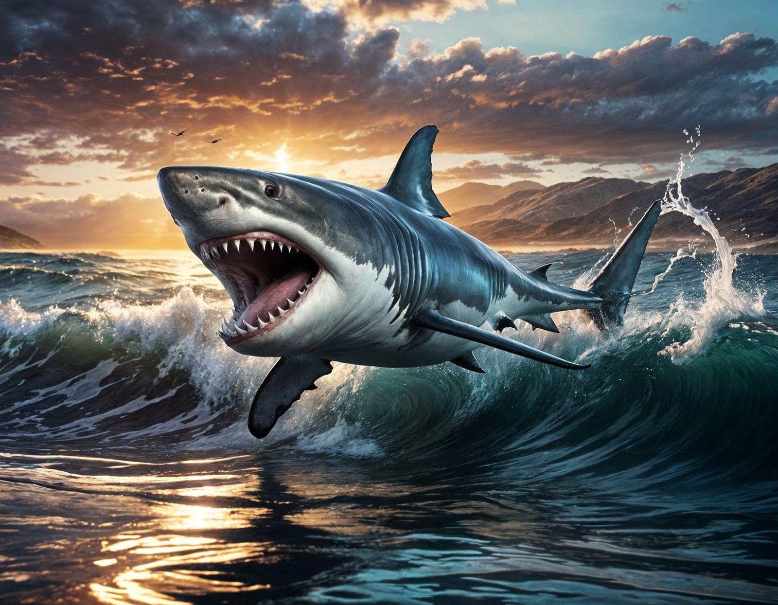 Great White Shark Leaping: Dramatic Digital Painting