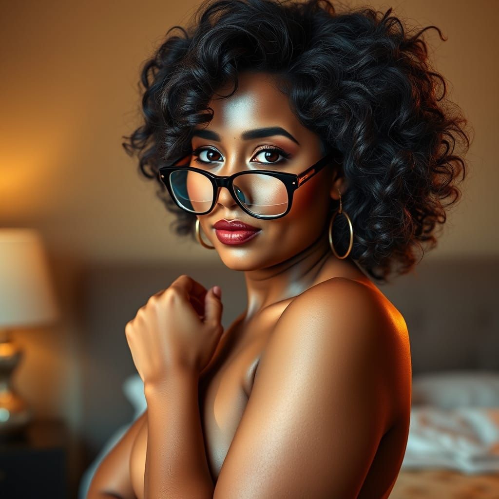 Curvy Woman Poses Seductively with Voluminous Hair
