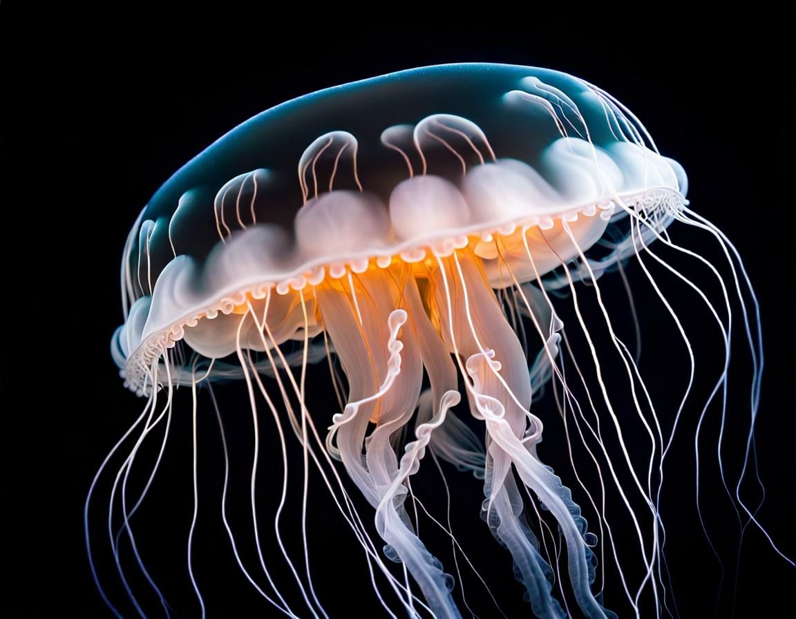 Detailed White Moon Jellyfish in Deep Black Ocean