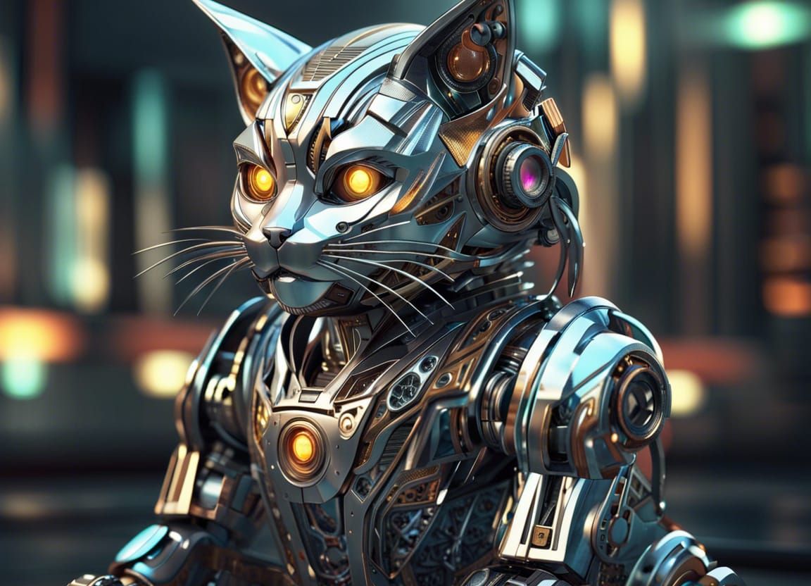 Anime Robot Cat in Metallic Silver: Detailed Art