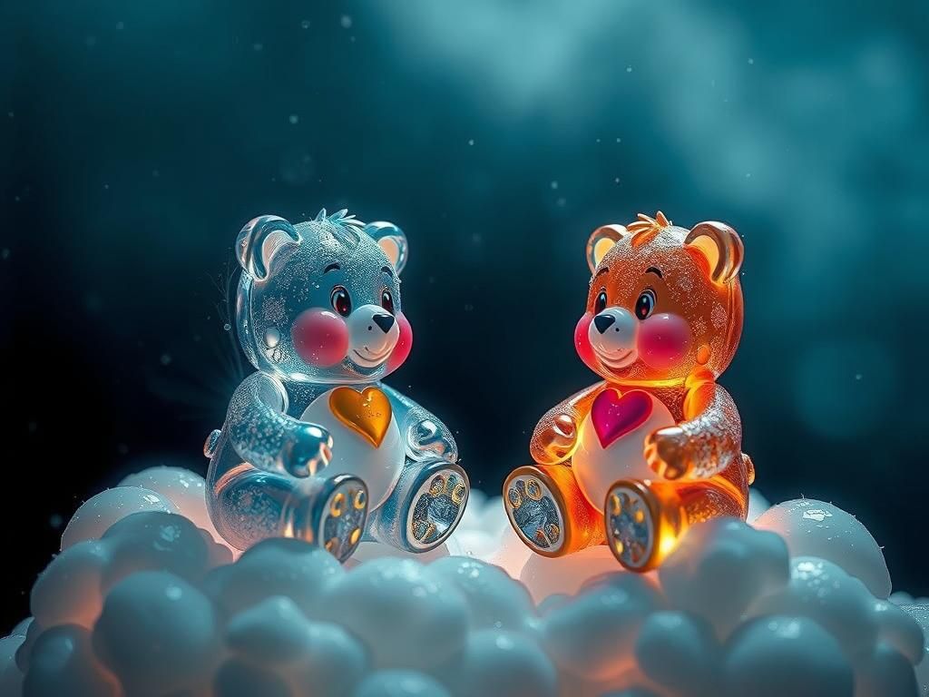 Enameled Glass Care Bears in the Clouds