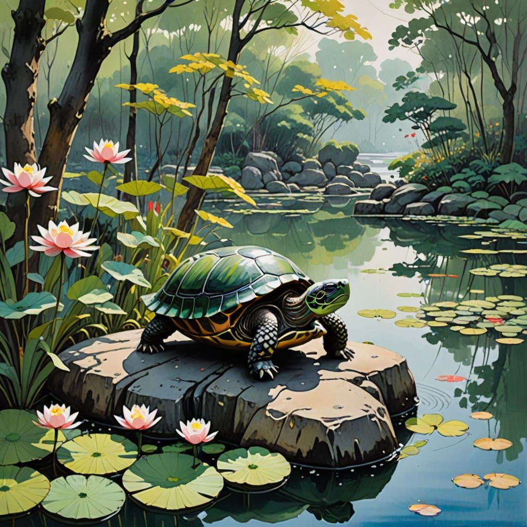 Serene Turtle in Pond, Classical Chinese Ink Painting