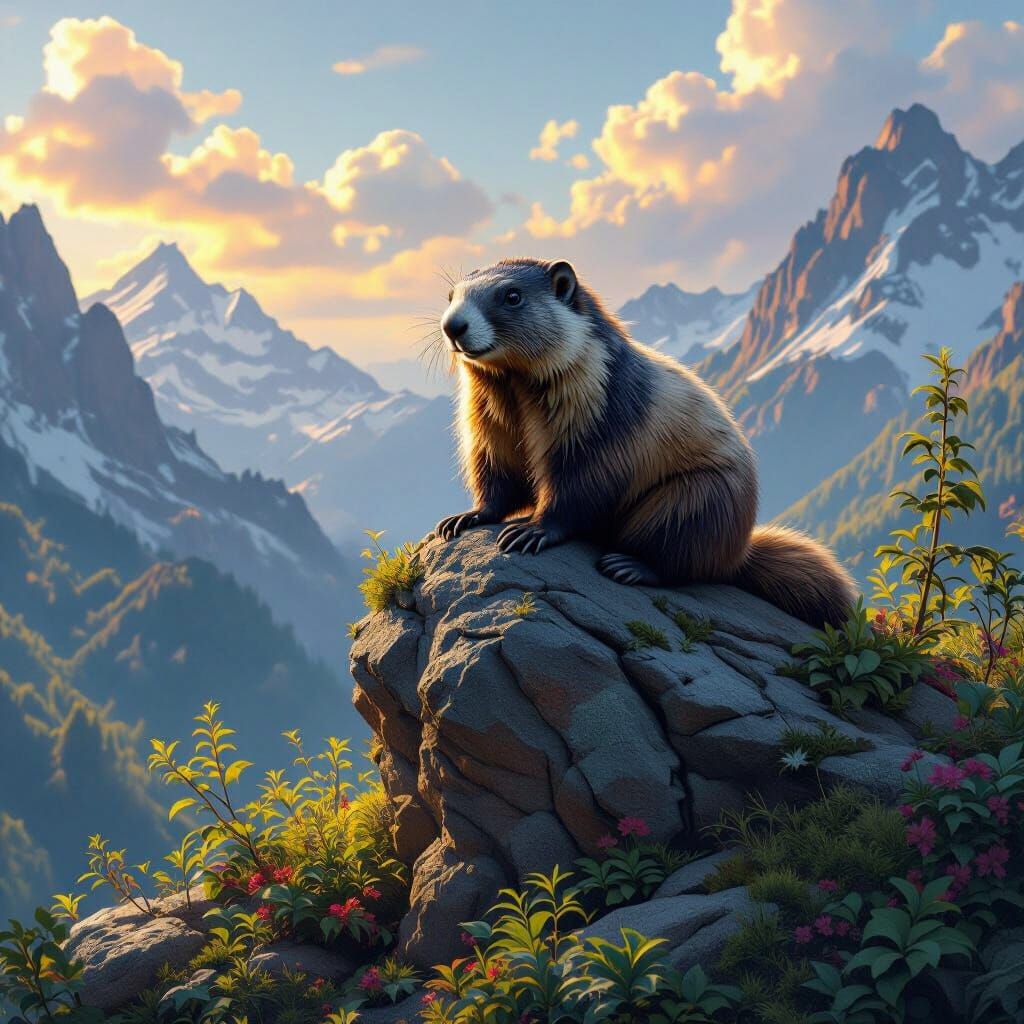Wooly Marmot on Mystical Mountain in Matte Painting Style