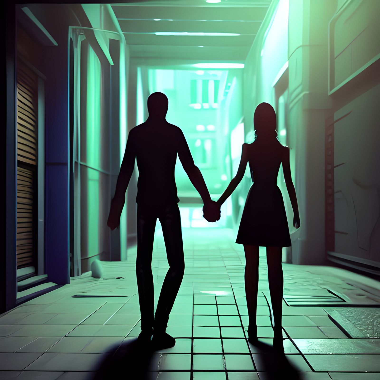 Sci-Fi Alleyway at Night with Lovers