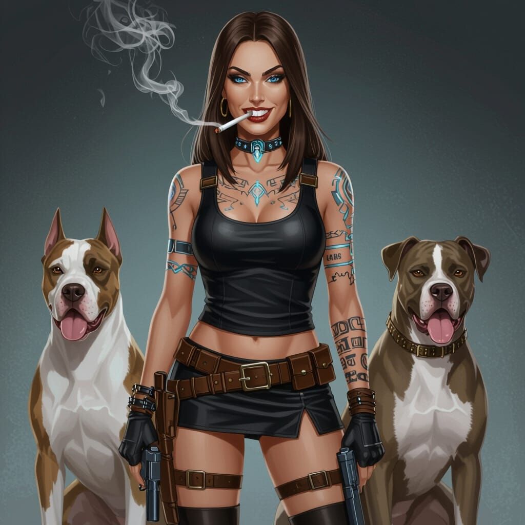 Woman and Dogo Argentinos in Moody Industrial Setting