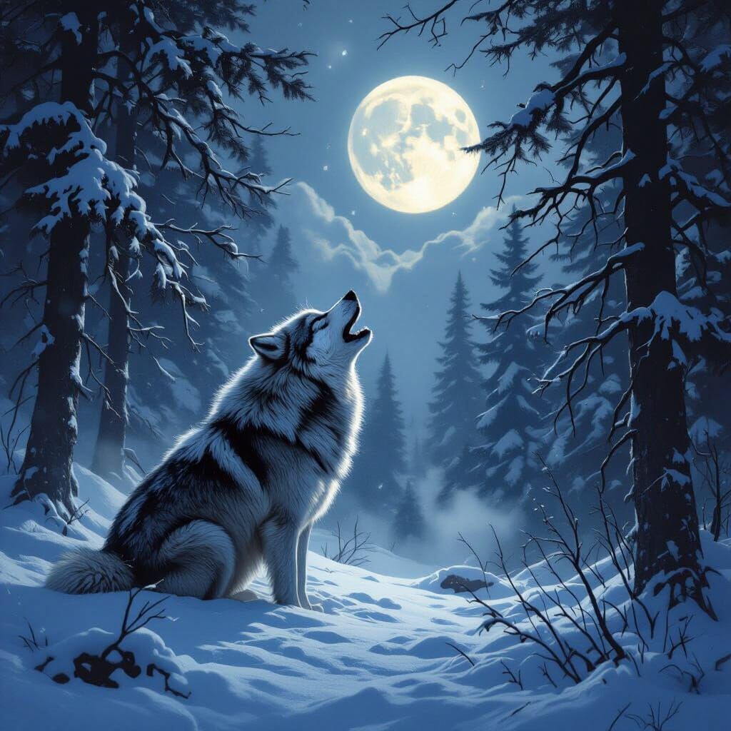 Lone Wolf Howling in a Moonlit Forest