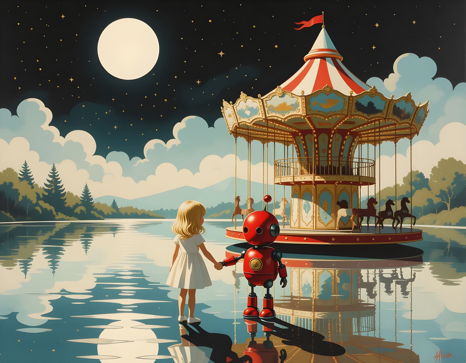 Childlike Drawing of Girl and Robot by Vintage Carousel