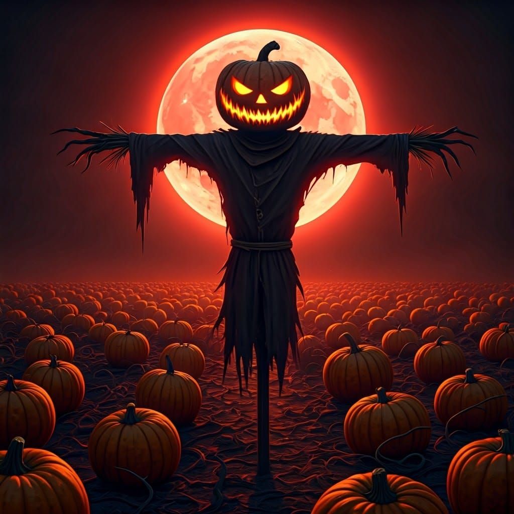 Haunting Scarecrow in Pumpkin Field Under Red Moon