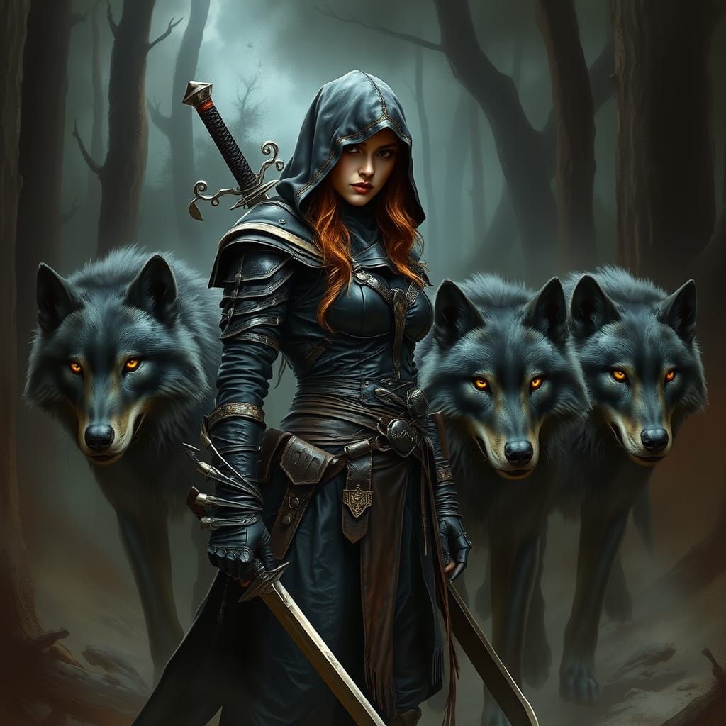 Hooded Warrior with Wolves in Dark Forest