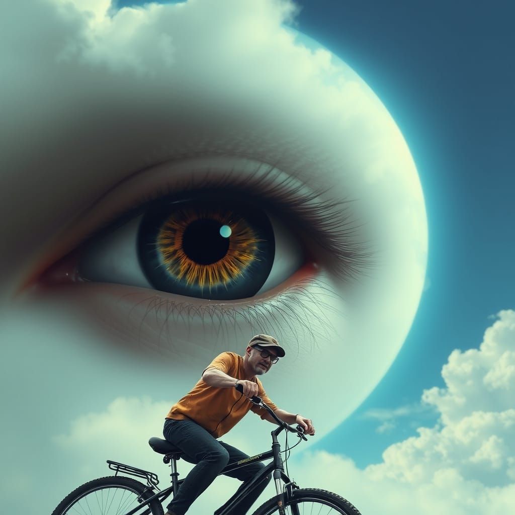 Biker Fleeing from a Menacing Eye in the Sky