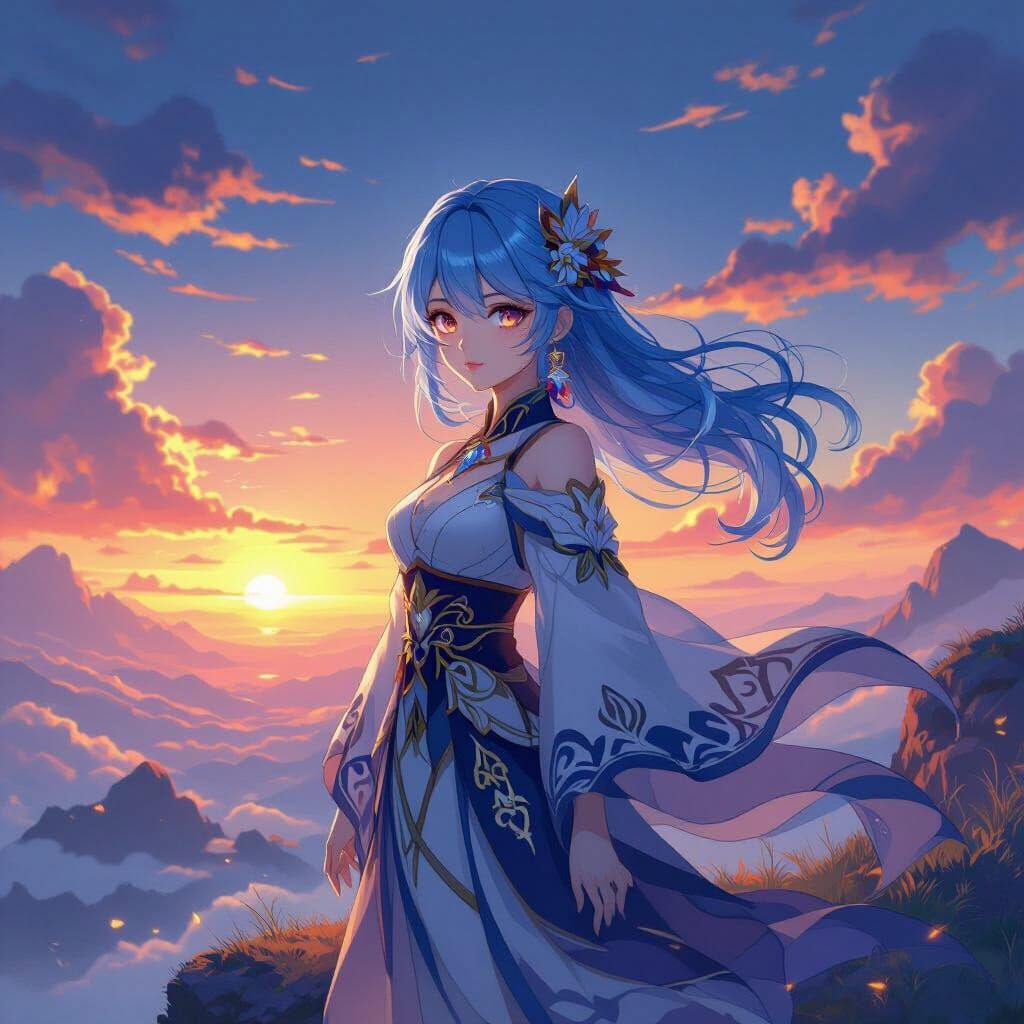 Genshin Impact Girl on Cliff at Mystical Sunset