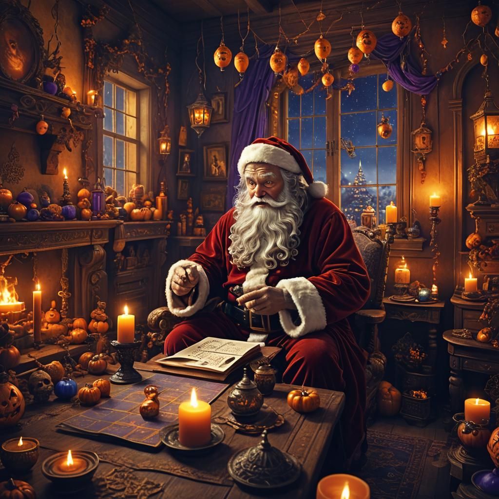Santa Claus Bored Waiting for Halloween, Digital Matte Paint...