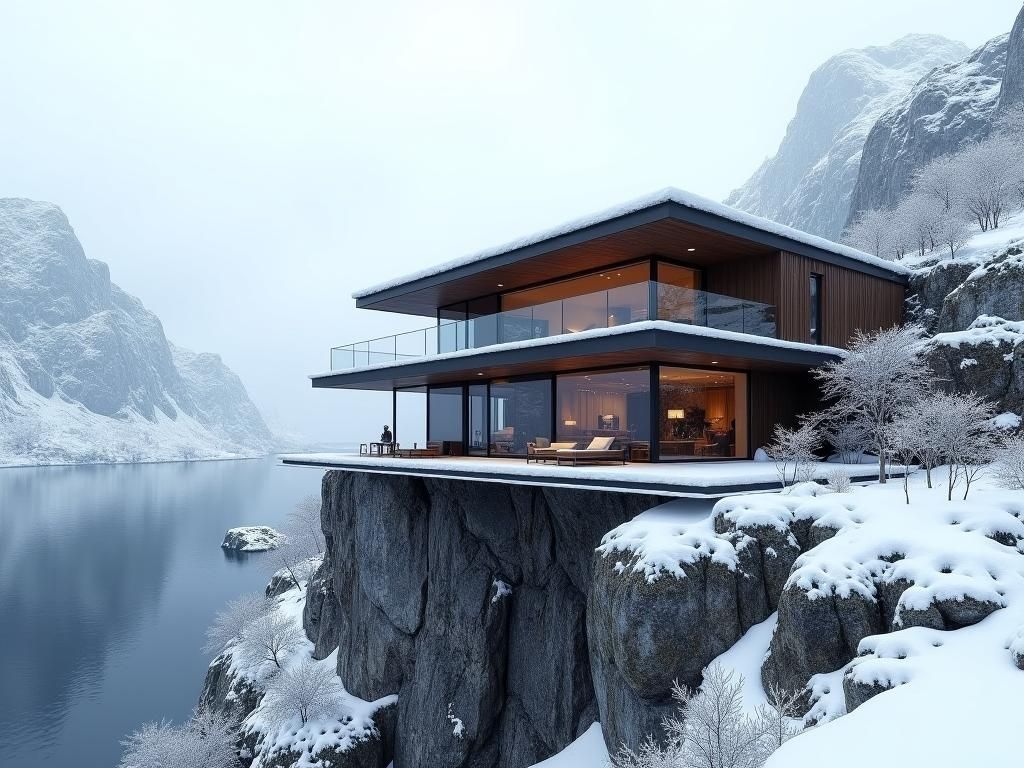 Modern Mansion Overlooking Snowy Fjord