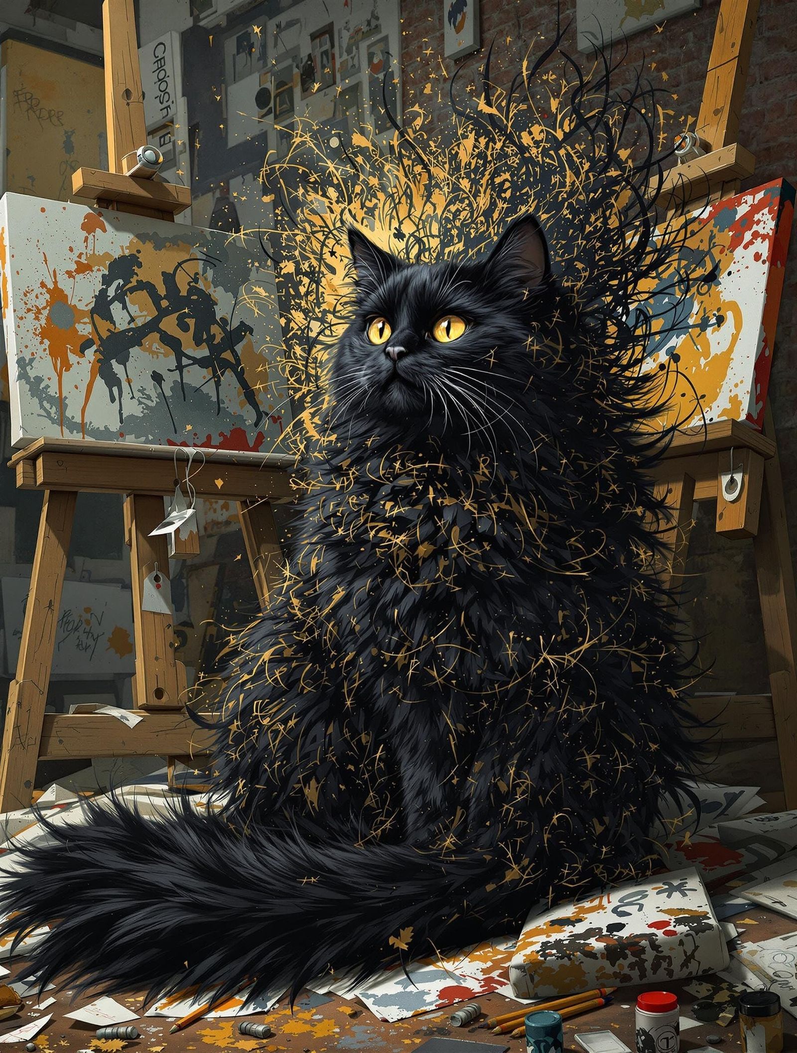 Regal Black Cat Amid Artistic Chaos in Digital Montage