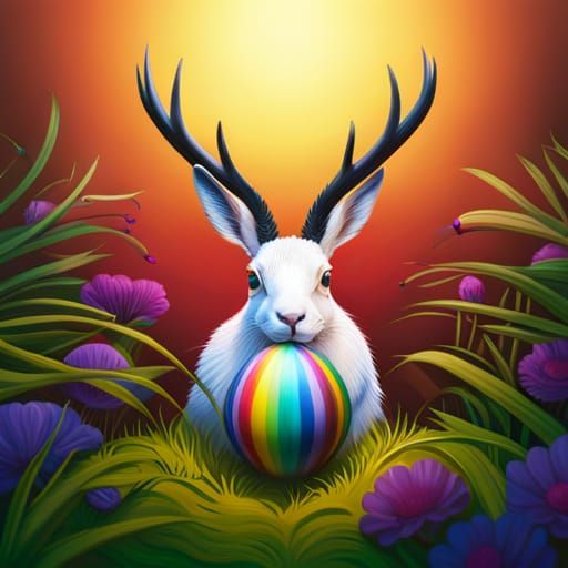 Hyperrealistic Jackalope Hiding Colorful Egg