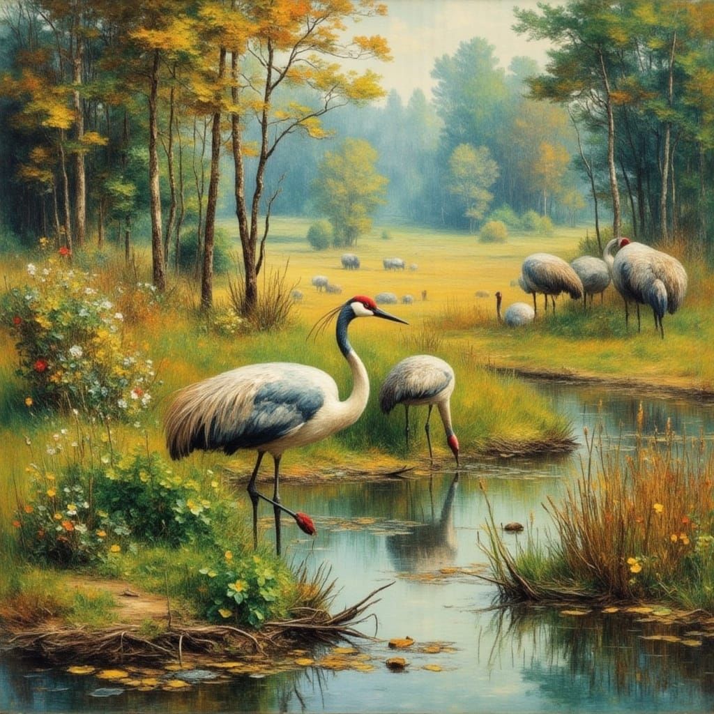 Crane Birds in a Serene Marsh Landscape