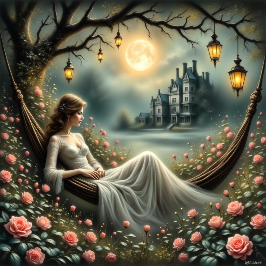 Woman in Hammock Under Moonlight, Kinkade Style