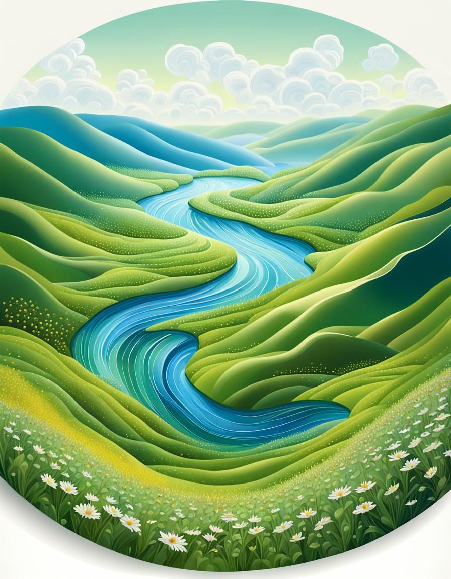 Sunlit Valley Landscape Painting with River