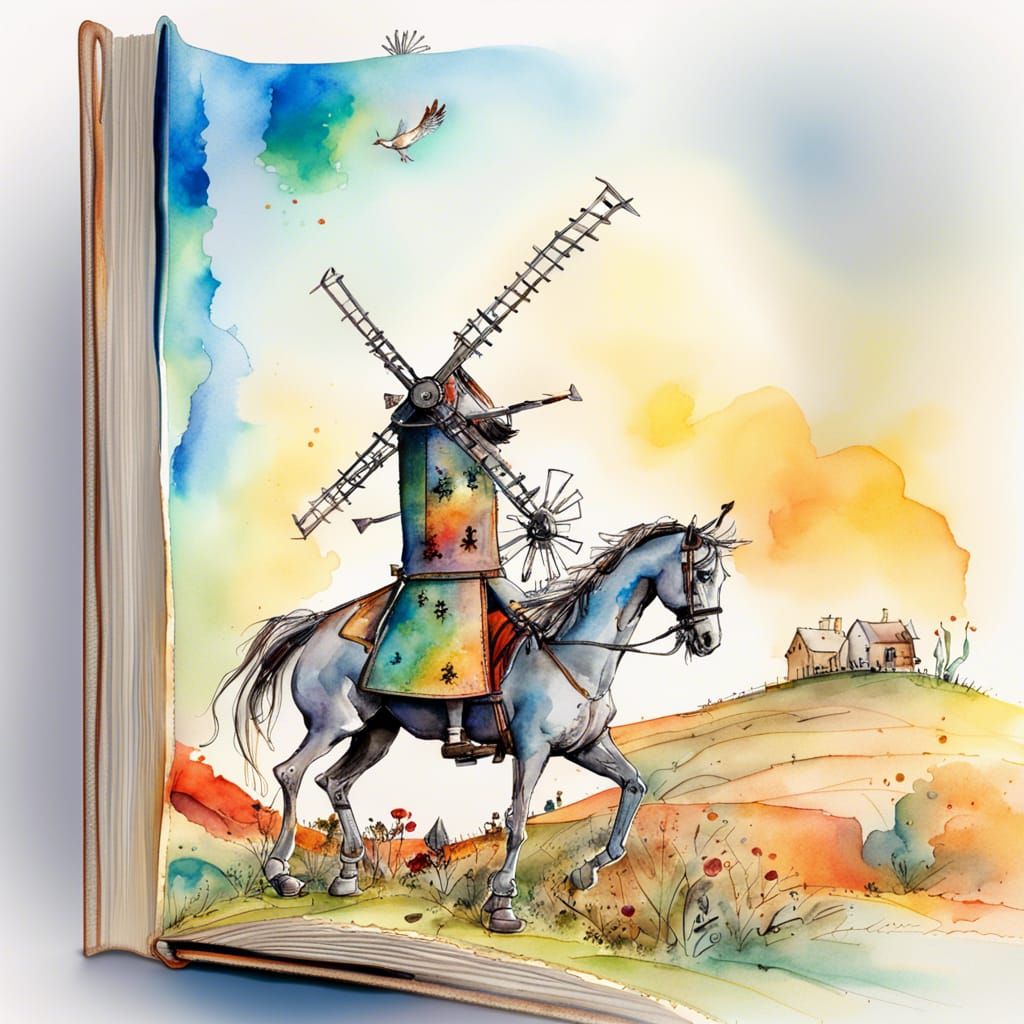 Don Quixote and the Windmill Book, Watercolor Art