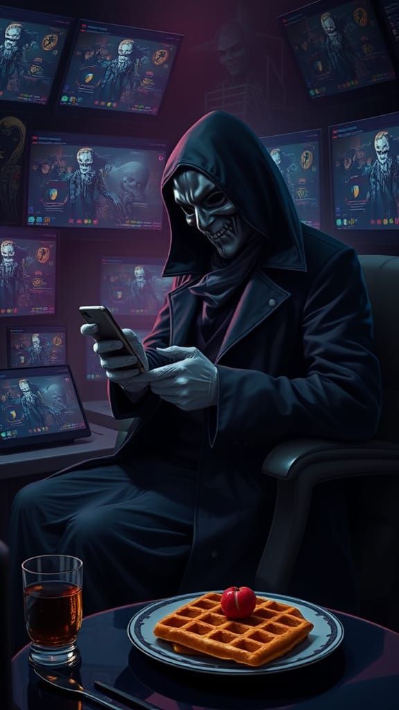 Masked Figure Scrolling Feed in Dimly Lit Room
