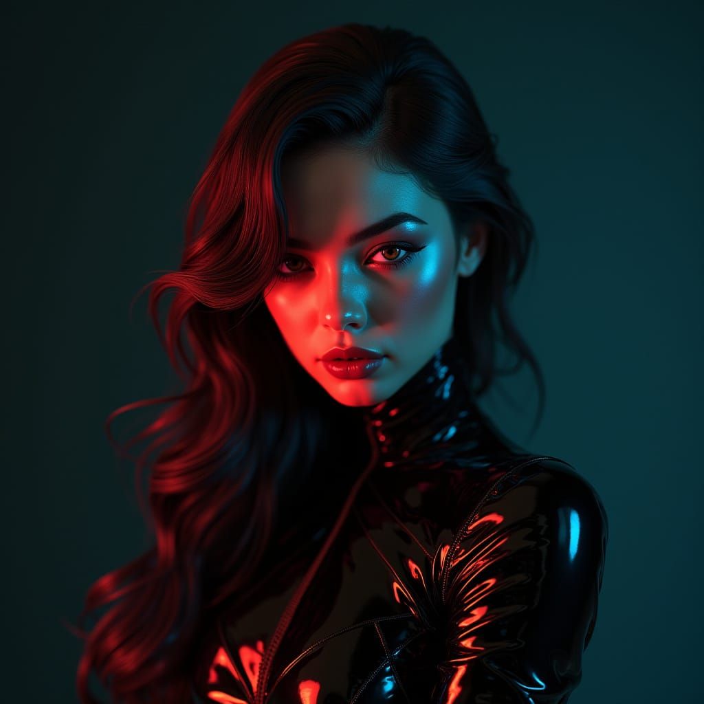 Girl in High-Gloss Latex Attire, Dynamic Portrait with Triad...