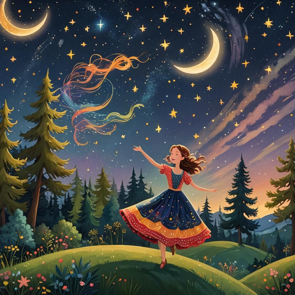 Whimsical Folk Art Girl Dancing Under Starry Night