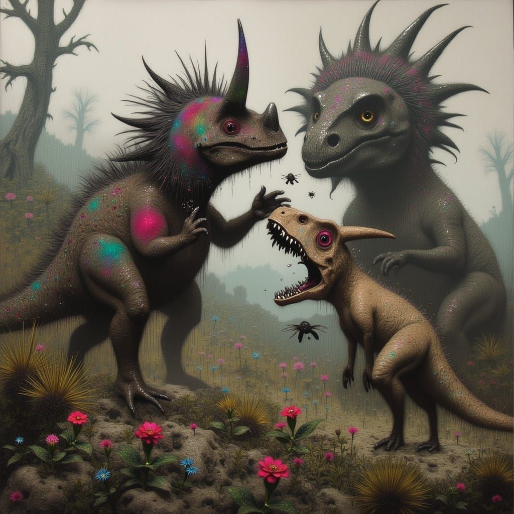 Dinosaurs Clash in Lush Fantasy Environment - Triceratops vs...