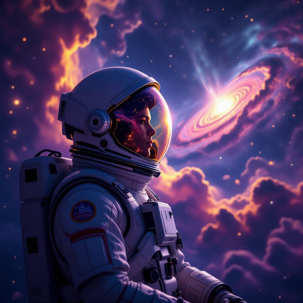 Astronaut Adrift in Nebula, Helmet Reflecting Galaxy