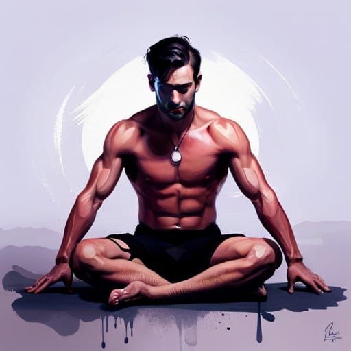 shirtless and slightly embarrassed man is striking a cross-legged yoga pose, watercolour (1)