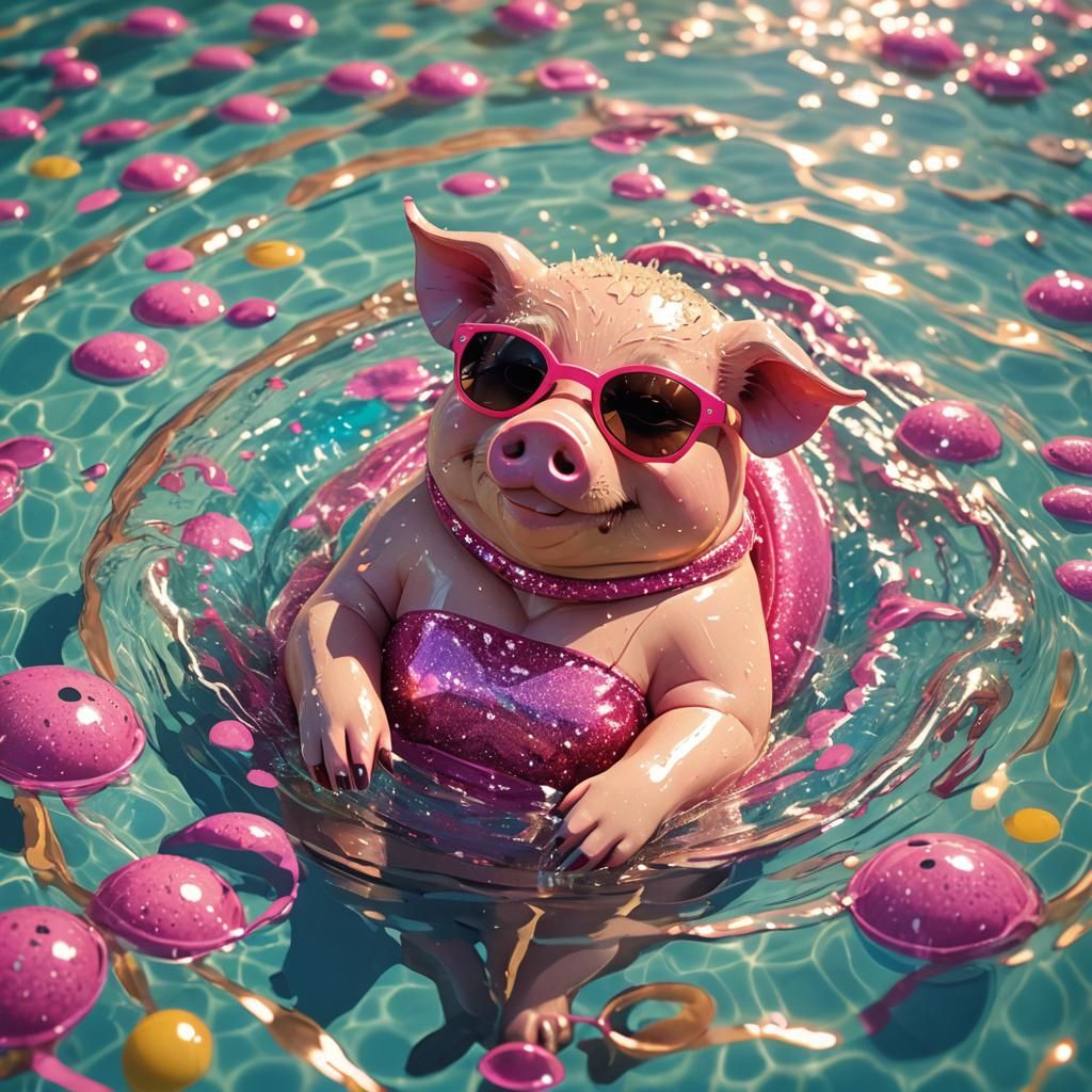 Pig in Bikini Relaxing in Pool, Vibrant 3D Anime Art