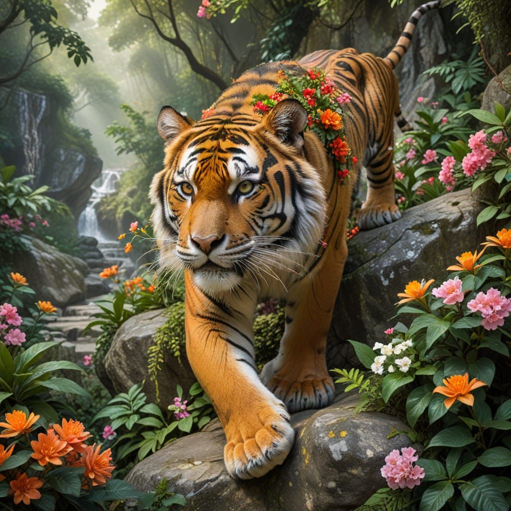 Wild Jungle Tiger Roams Amidst Vibrant Blooms