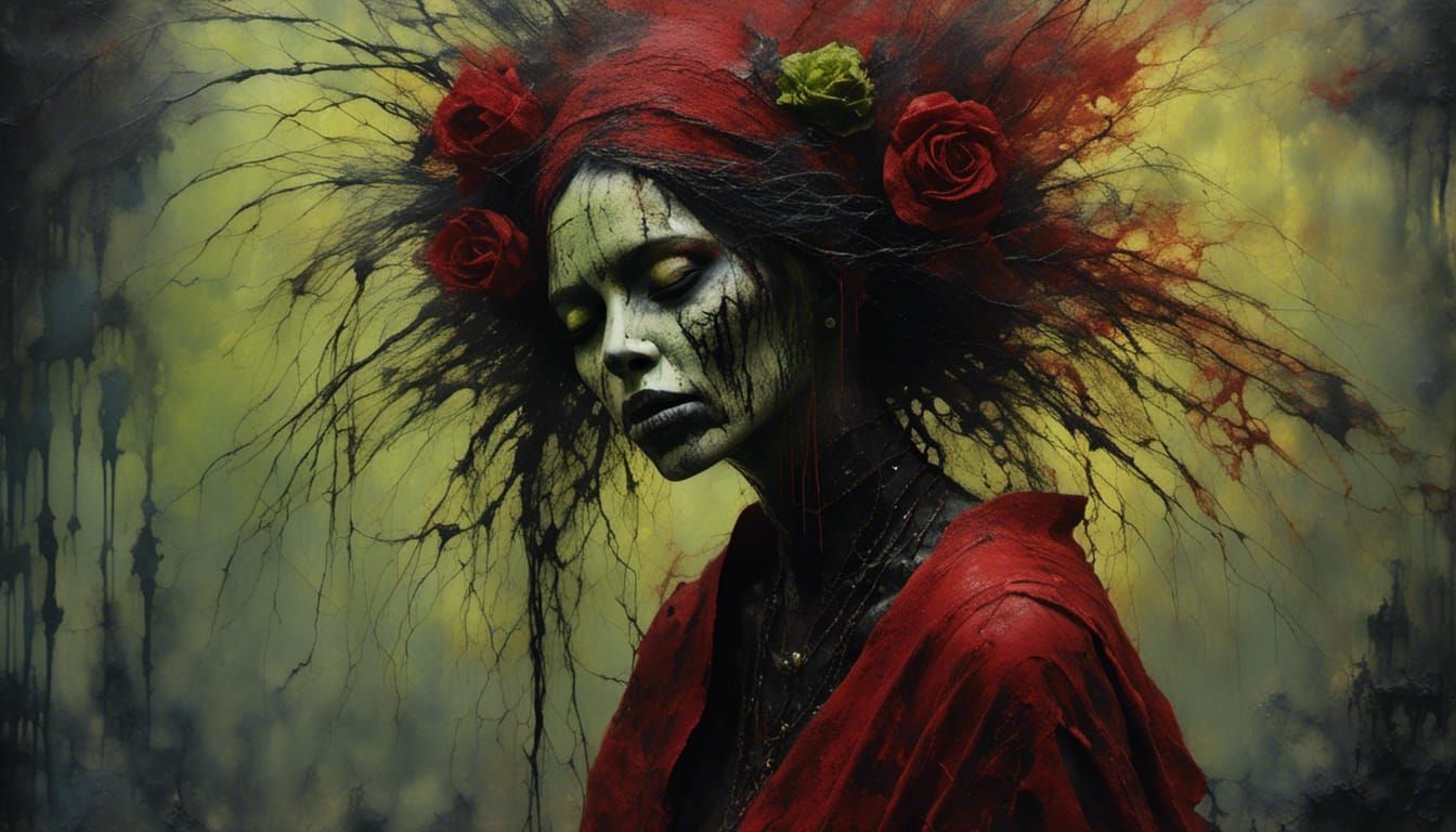 Voodoo+vile+ungodly faced witch,
evil, now a monster casting evils.
Textured sunset red+black sea color/dusted lime gr...