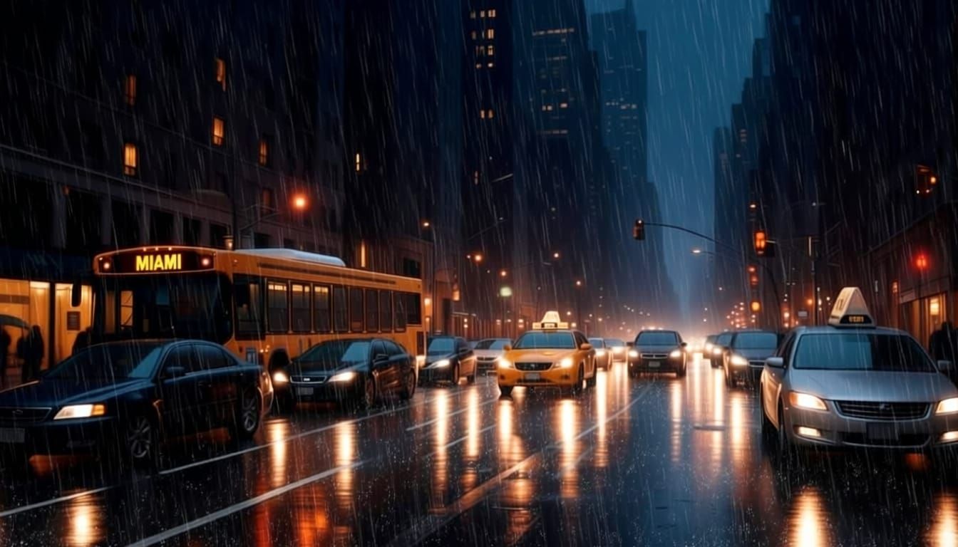 Rainy Cityscape Watercolor Painting at Dusk