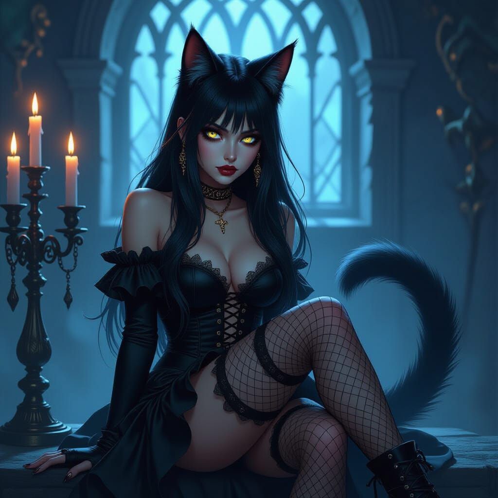 Gothic Cat Therian Girl in Candlelit Chamber