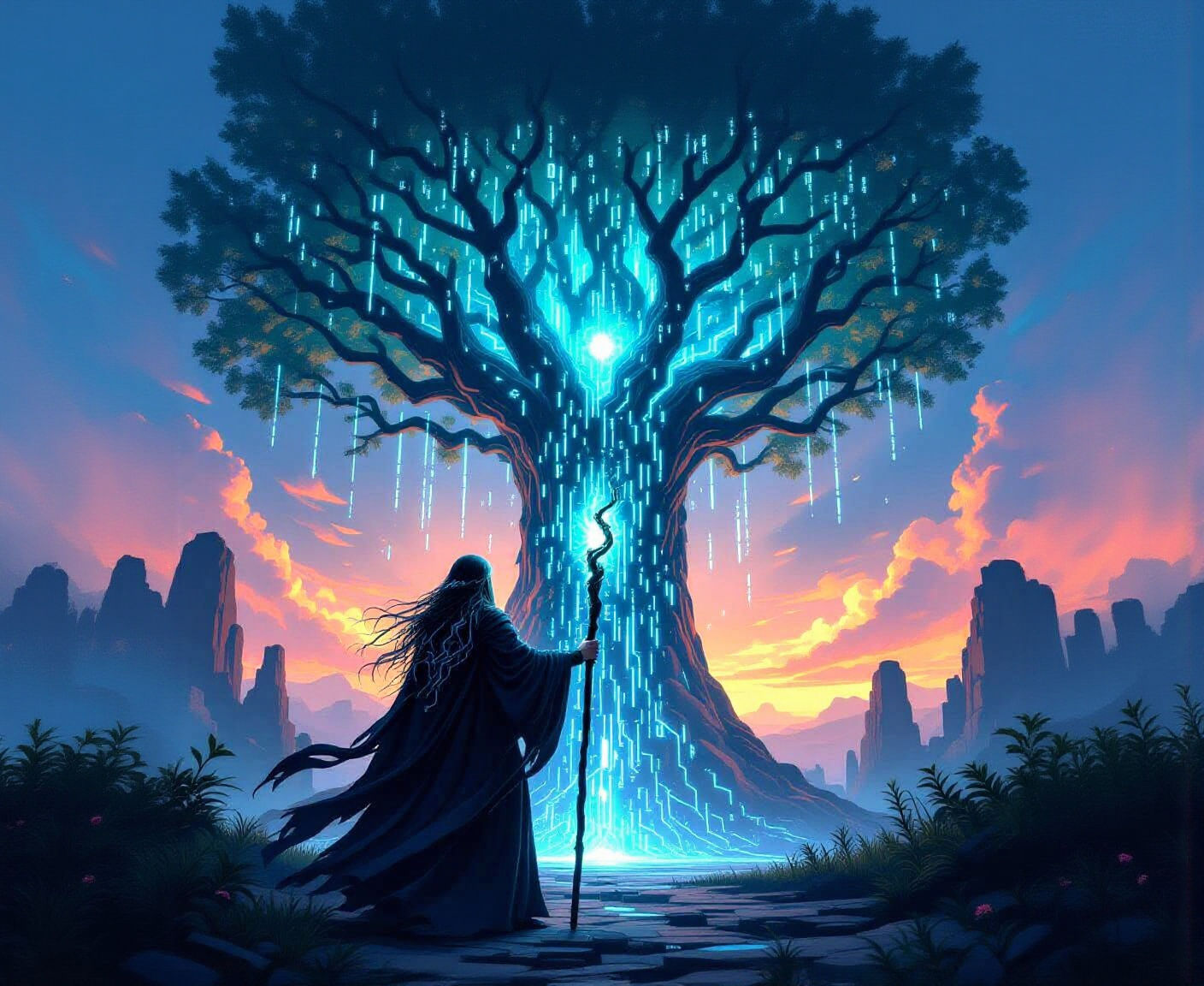 Digital Wizard with Energy Staff Before Binary Tree