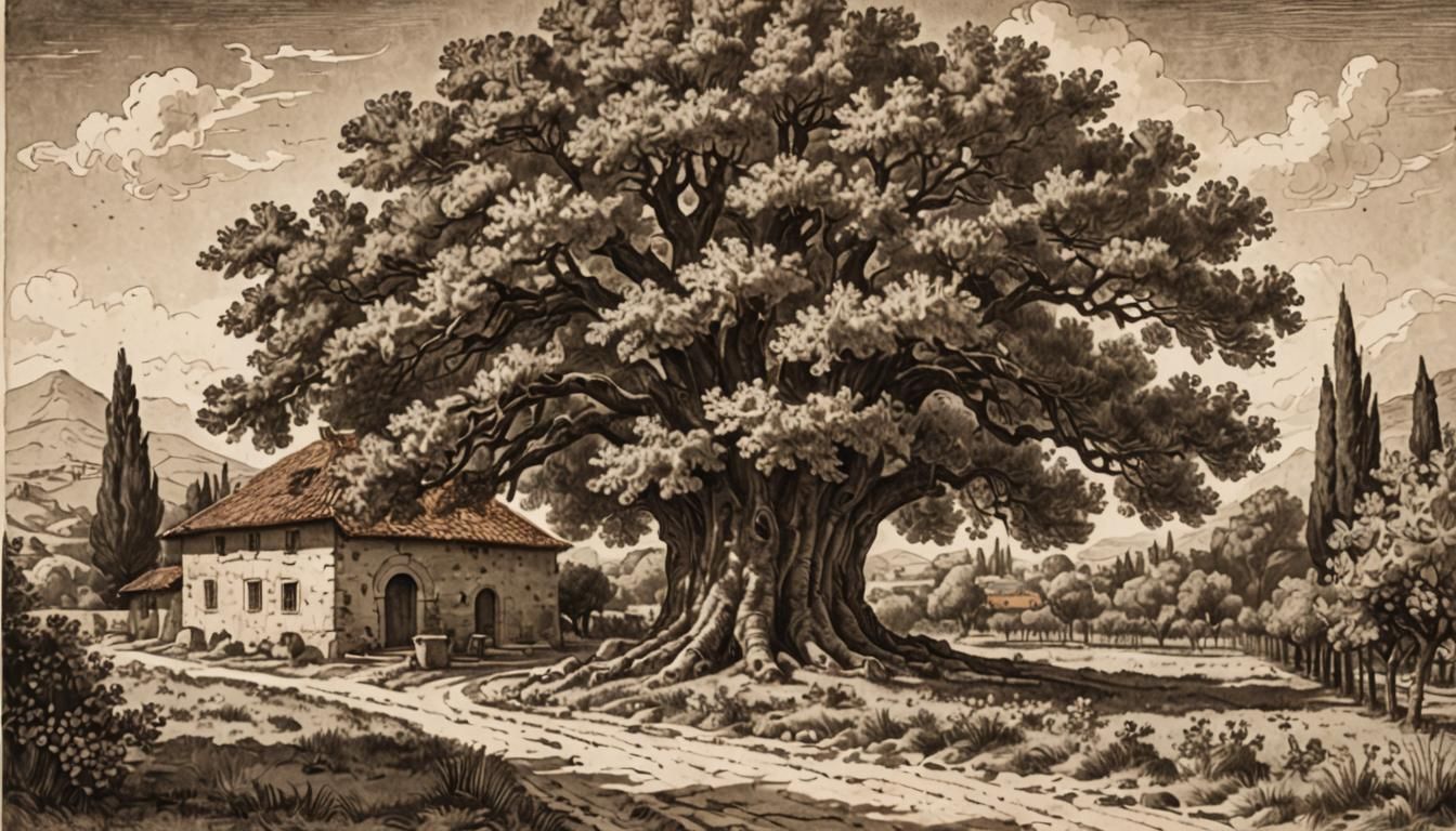 17th Century Etching: Chestnut Tree at Crossroads