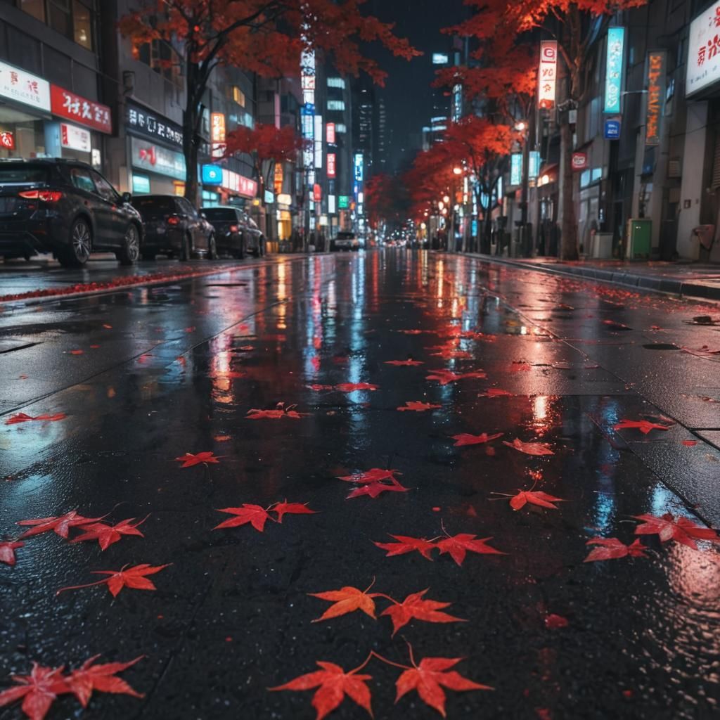 Hyperrealistic Rainy Japan Cityscape with Red Leaves