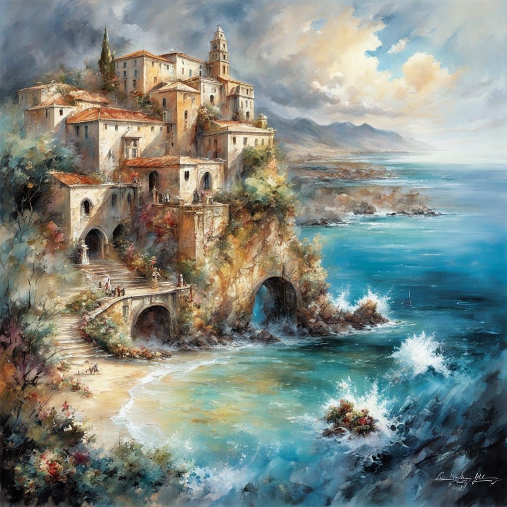 Vibrant Sicilian Coastline in Abstract Art Style