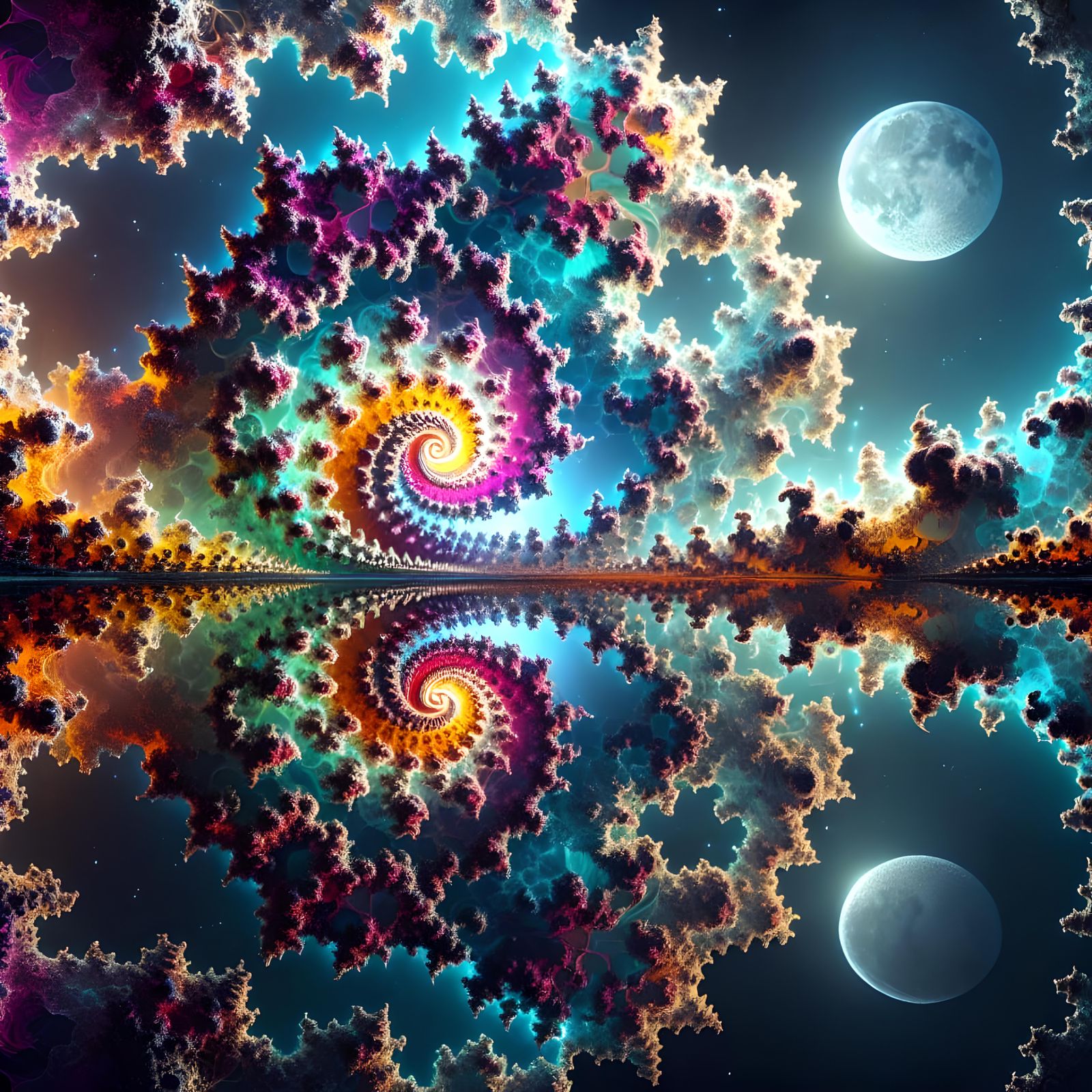 Colorful Mandelbrot Set Reflection in Moonlight