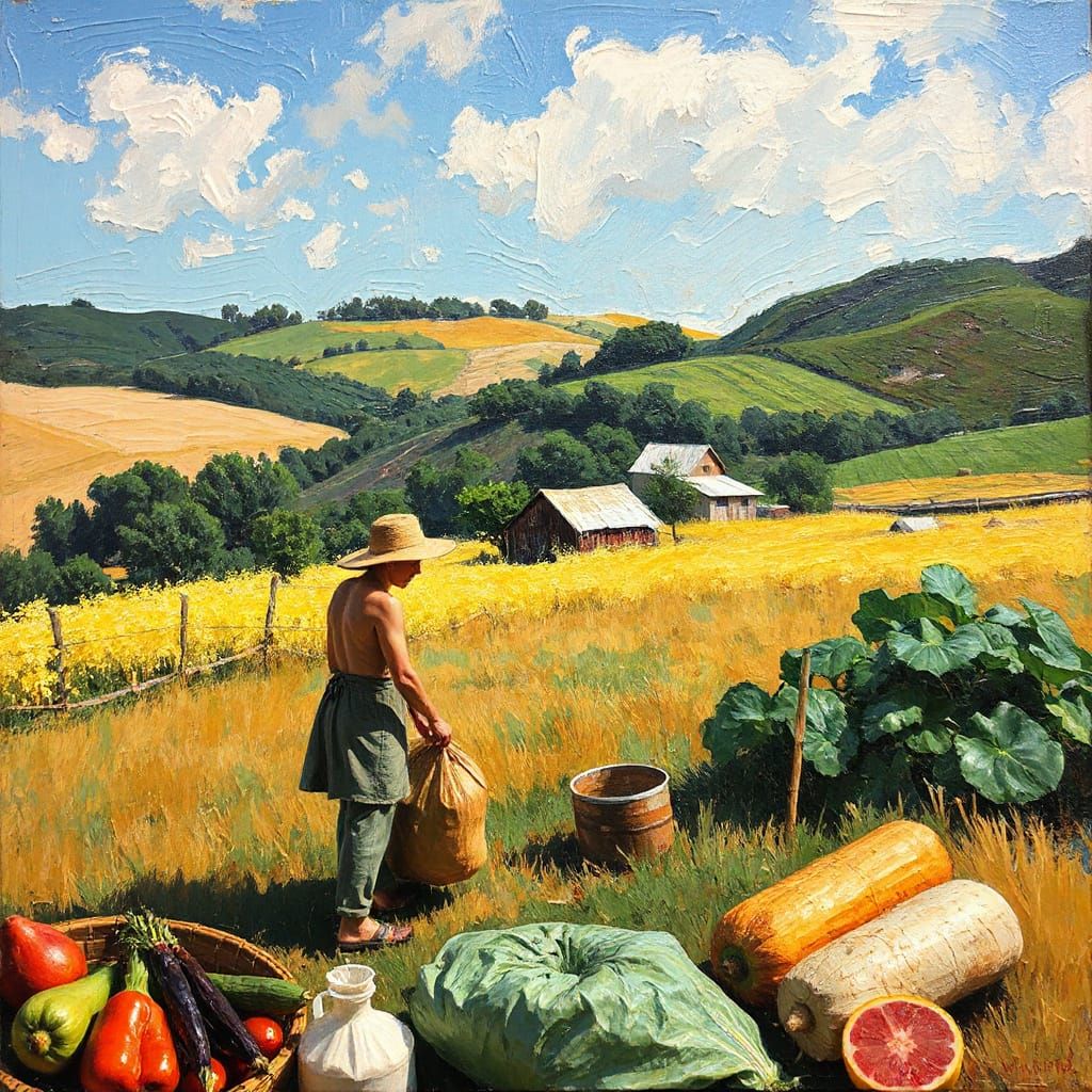 Farmer Enjoying Fresh Air and Food in Neo-Impressionist Styl...