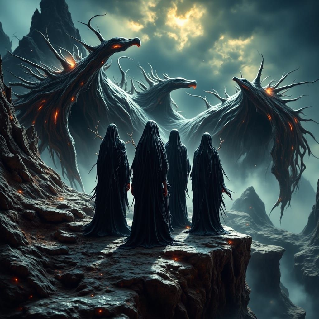 Ethereal Wraiths Silhouetted Against a Fiery Sky in a Dramat...