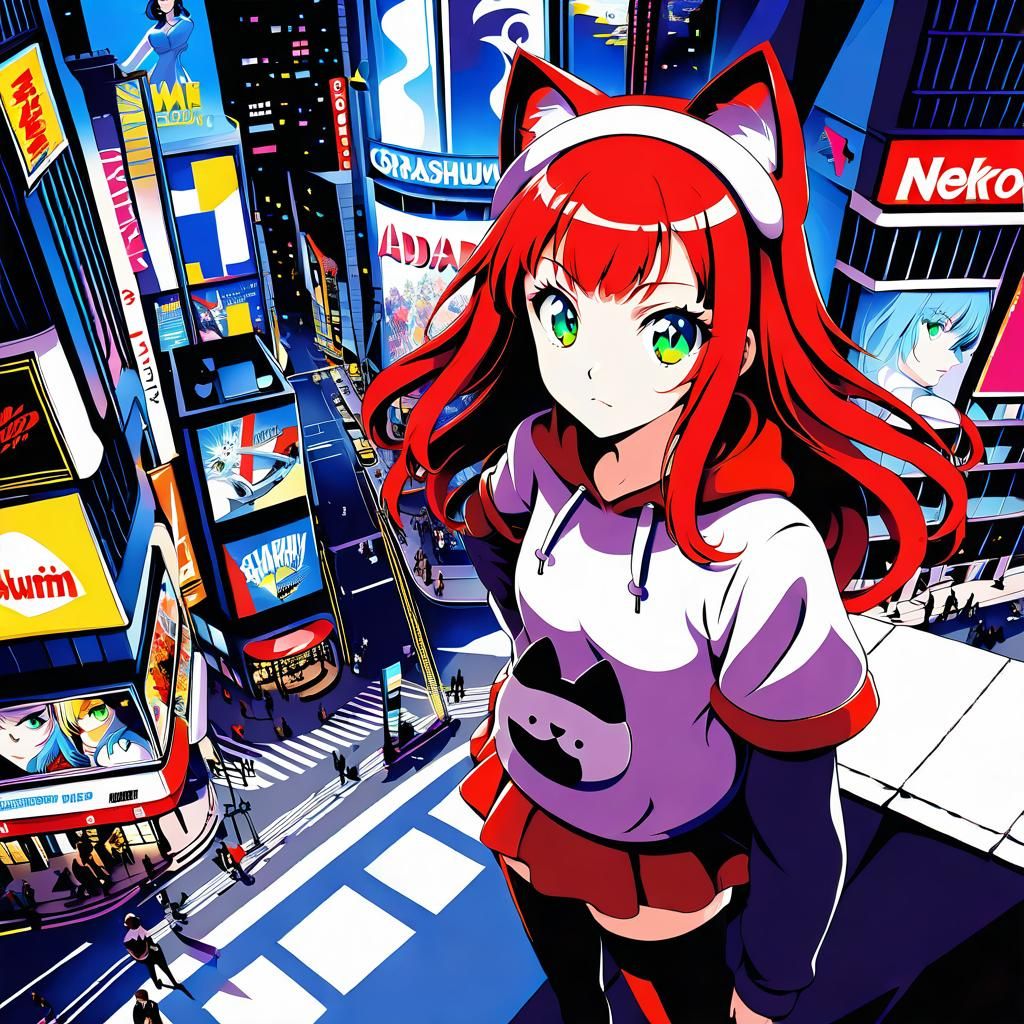 Pop Art Cat-Girl Over Shibuya Crossing