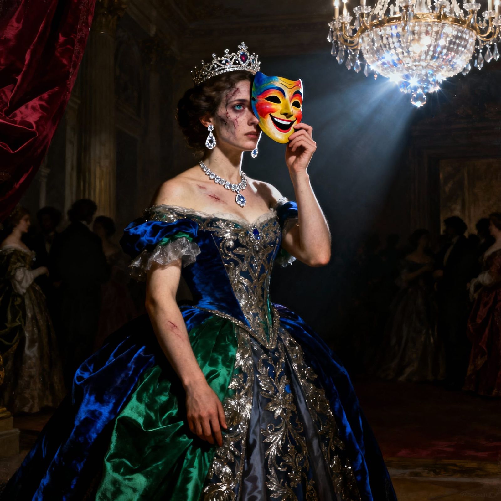 Scarred Woman Removes Mask in Grand Hall