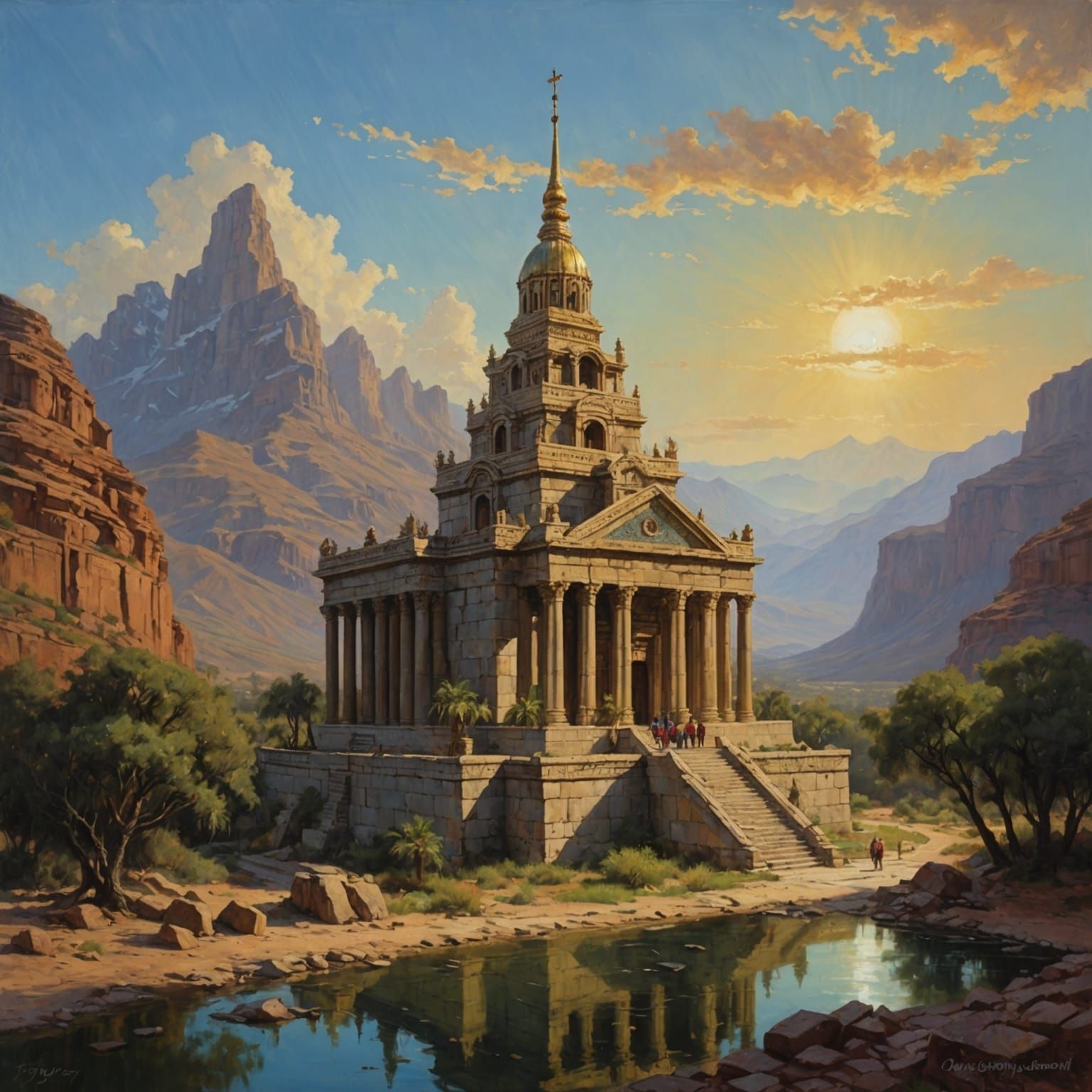 Ornate Temple in Oil Painting Style