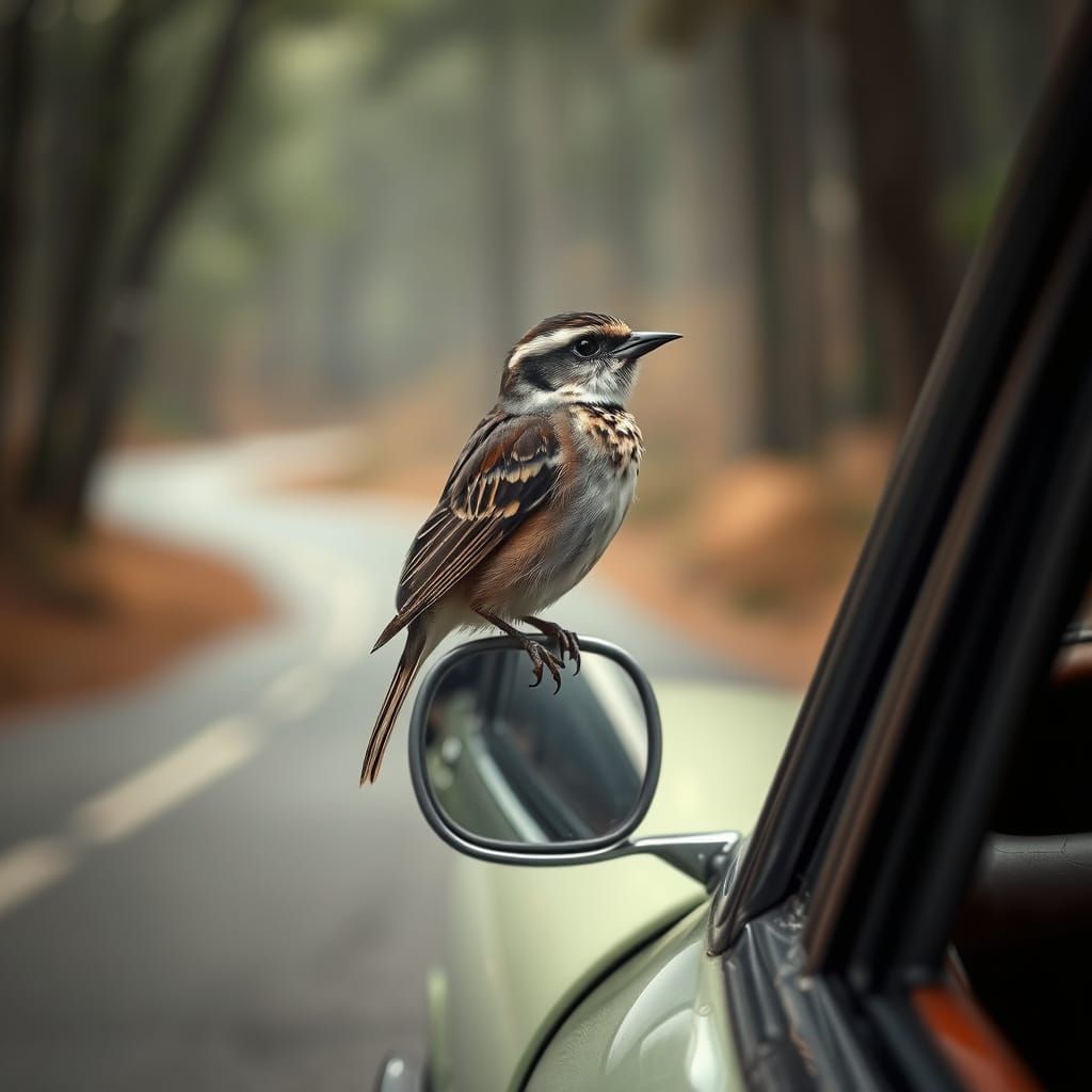 Bird on Car Mirror: Ansel Adams Style B&W Photo