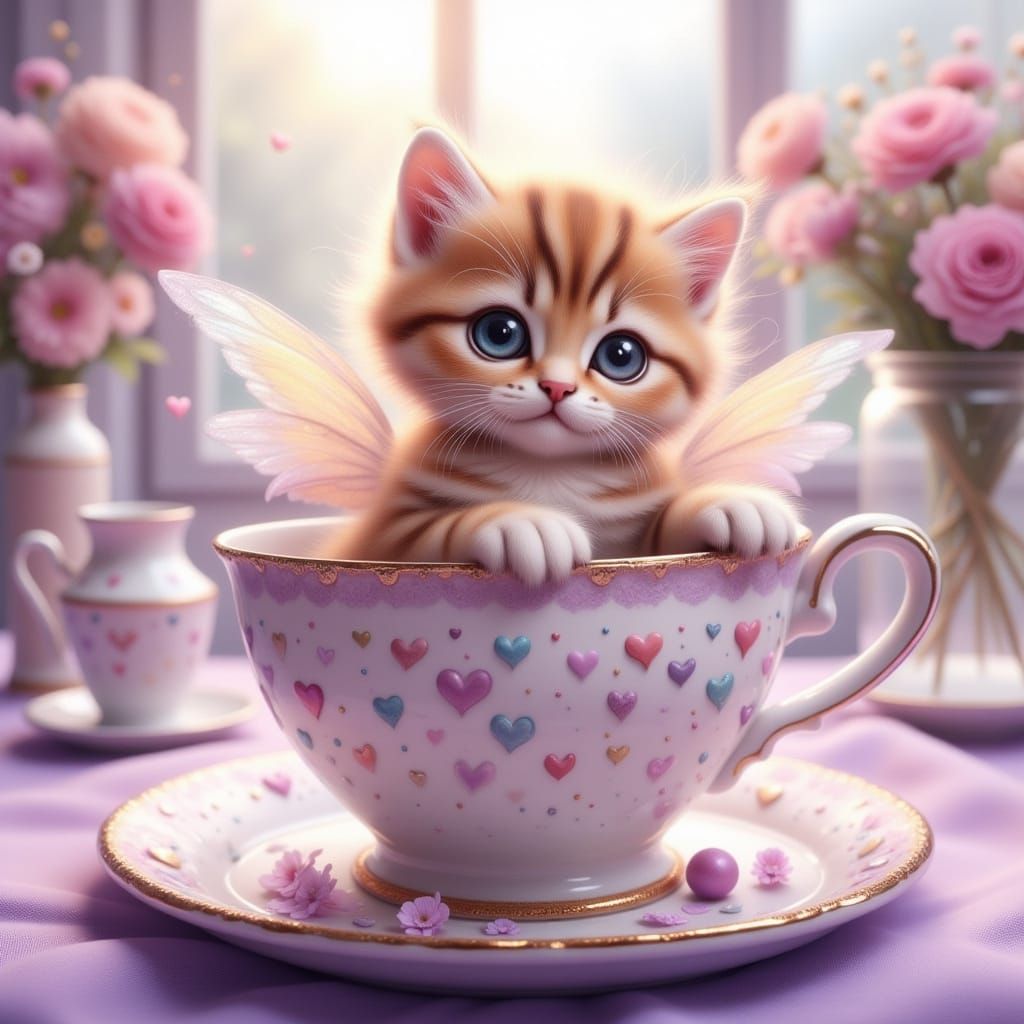 Kitten with Fairy Wings in Teacup