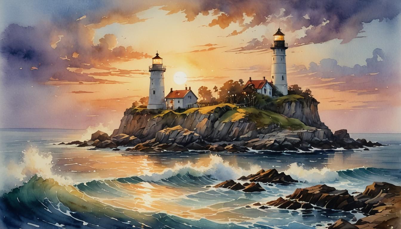Watercolor Lighthouse on Island in Golden Light