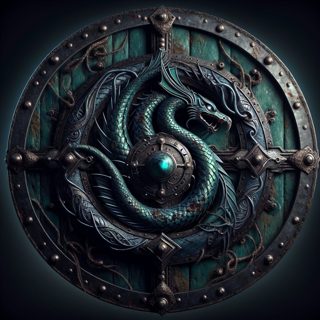 Viking Shield with Sea Serpent Emblem in Dark Fantasy