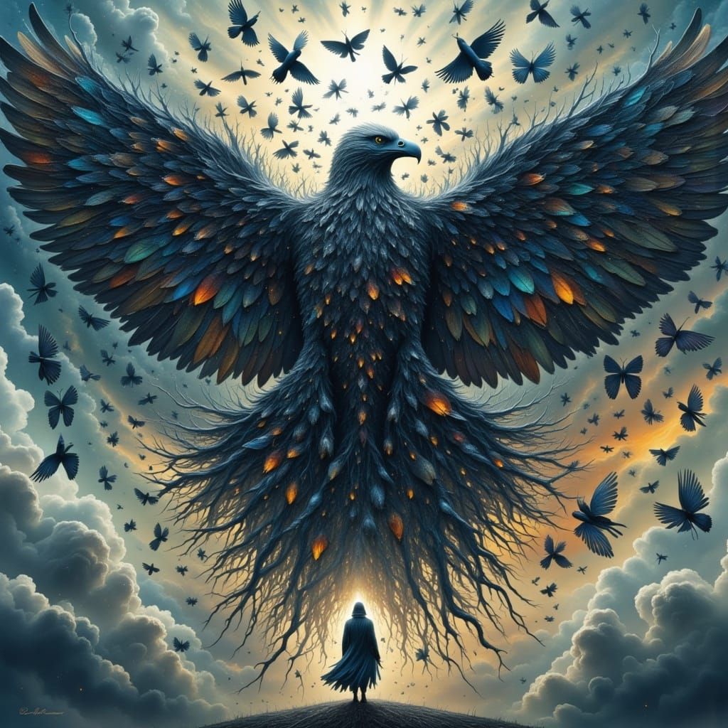 Majestic Flock of Crows Transforms into Giant Bird