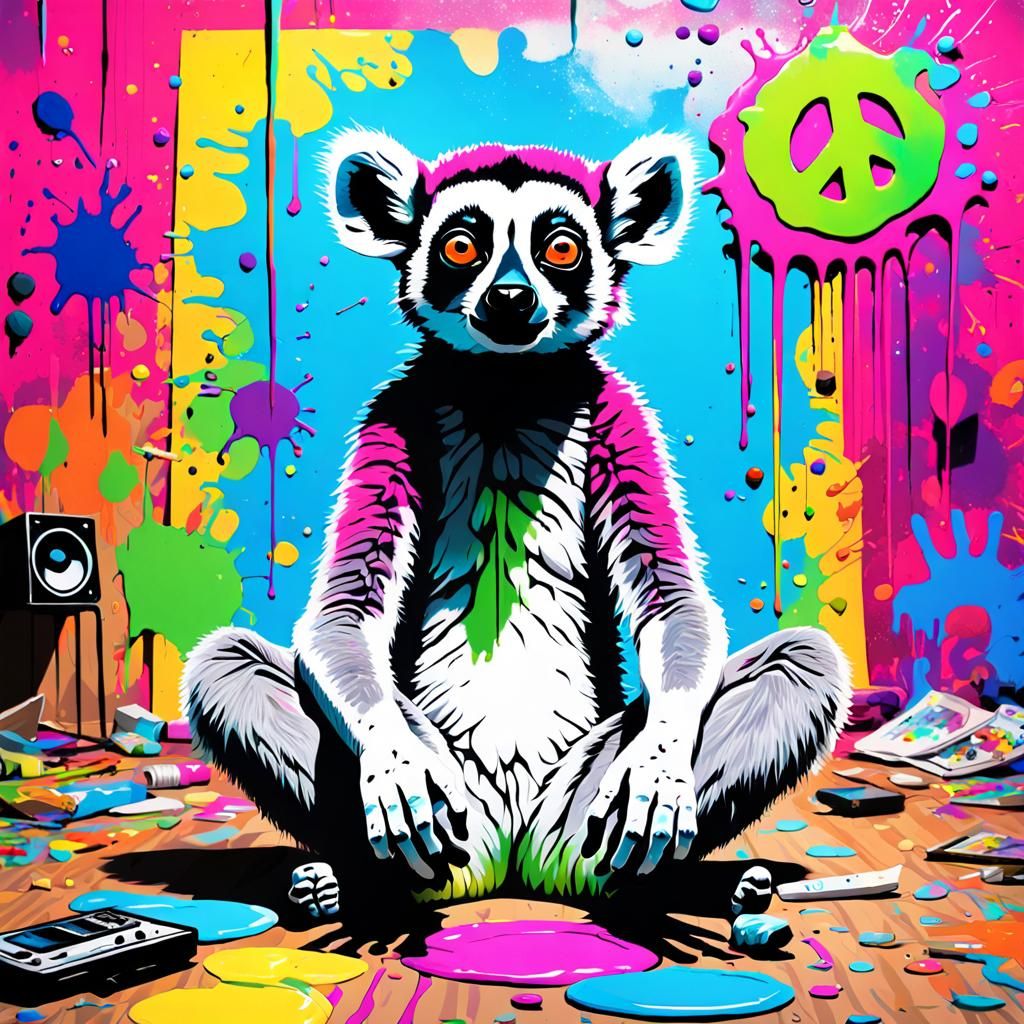 Psychedelic Lemur in Messy Room: Graffiti Art